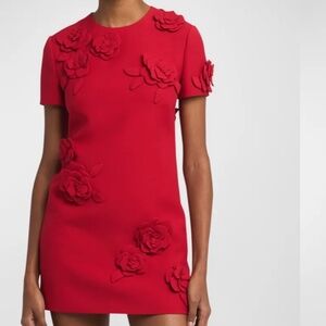 NEW! Flower Embroidered Short-Sleeve Crepe Couture Short Dress with roses